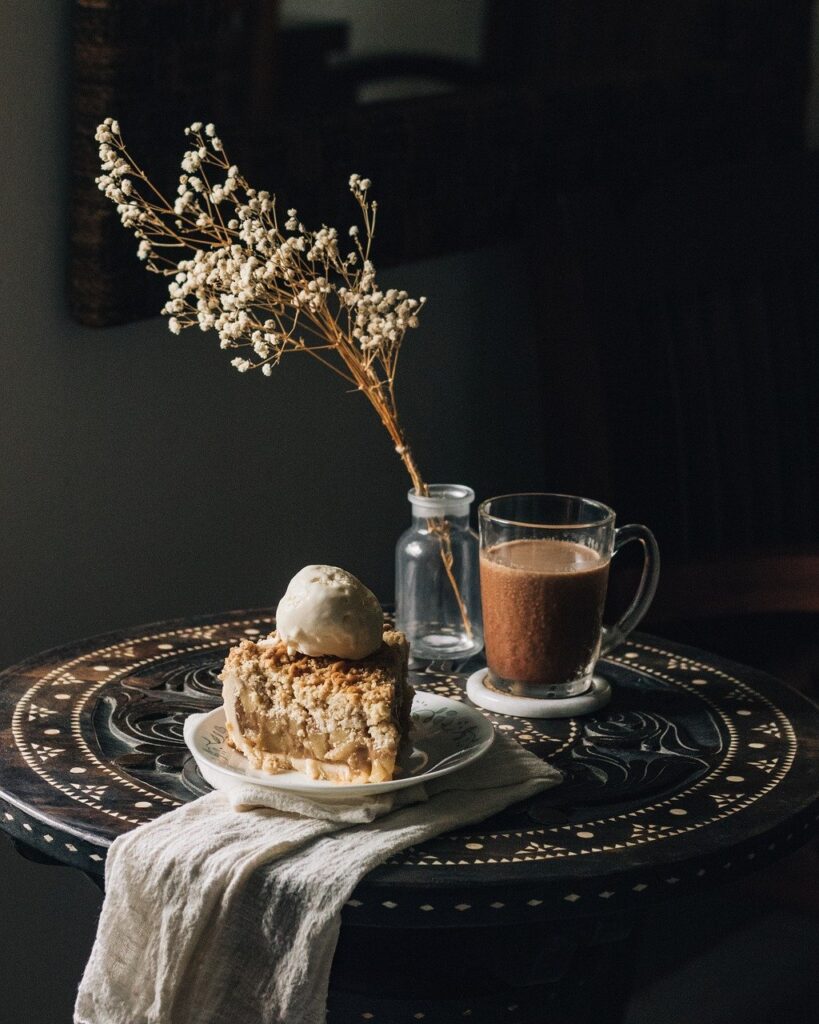 apple pie, afternoon tea, table setup, baked goods, apple crumble, iced coffee, dessert